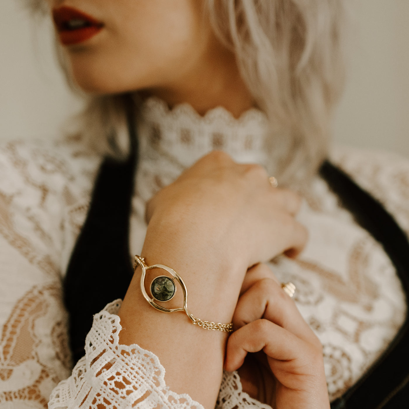 Person wearing a Rainforest Jasper Fidget Bracelet