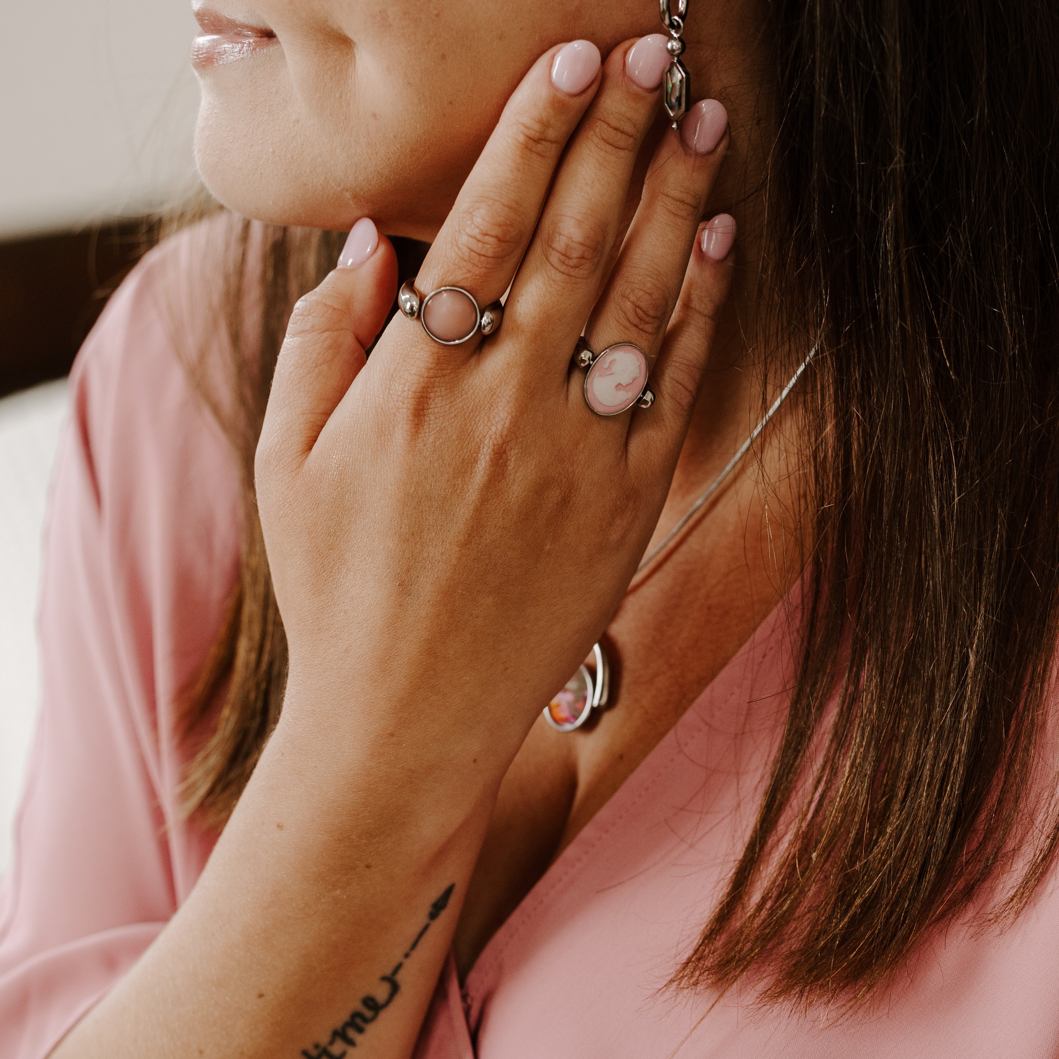 Person posing with Pink Crystal Fidget Rings
