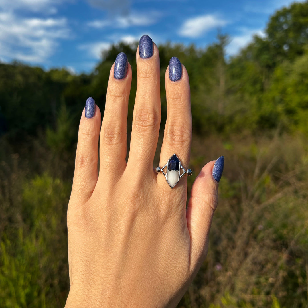 Lifestyle Photo of White Jade and Sodalite Crystal Fidget Ring
