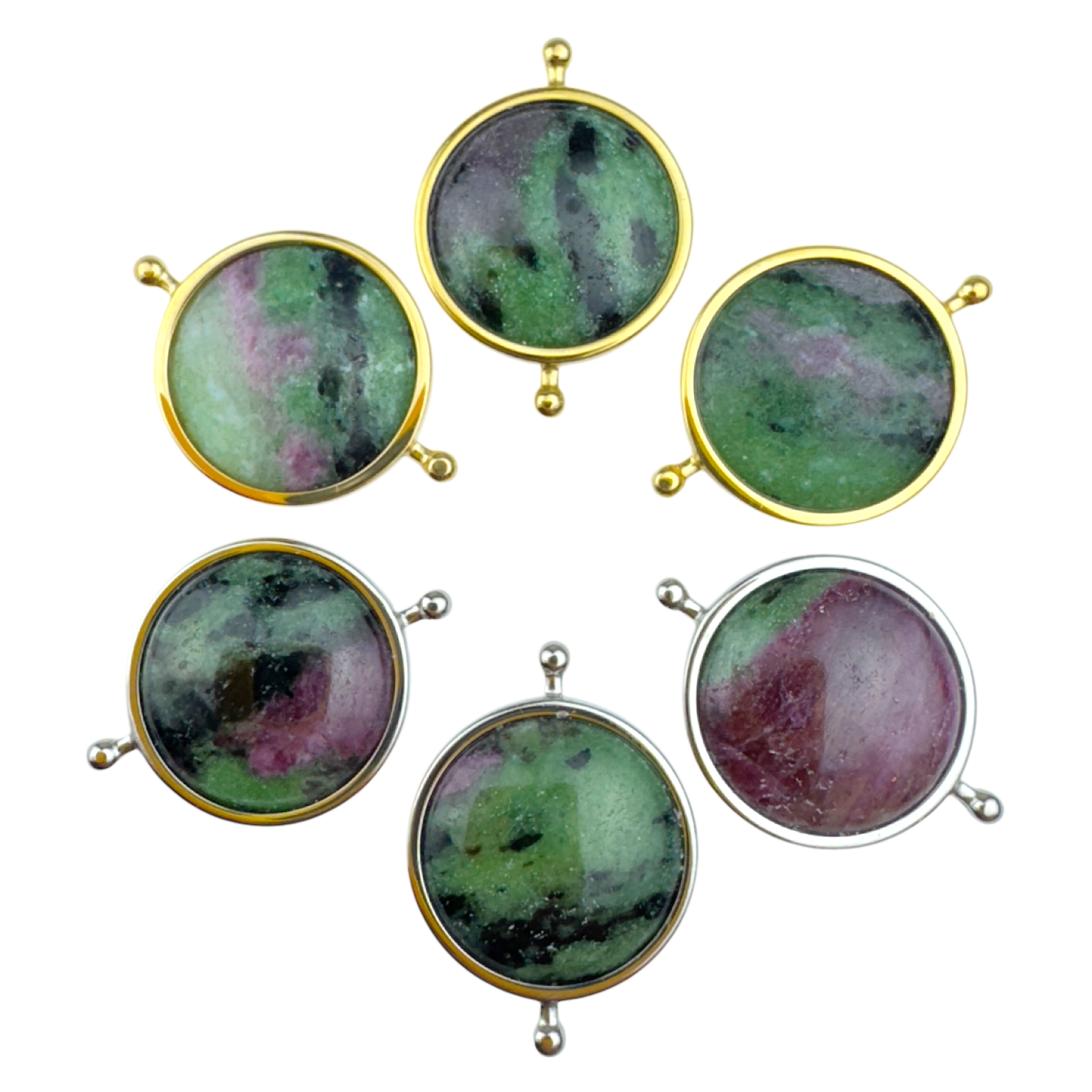 Six zoisite elements in silver and gold against a white background